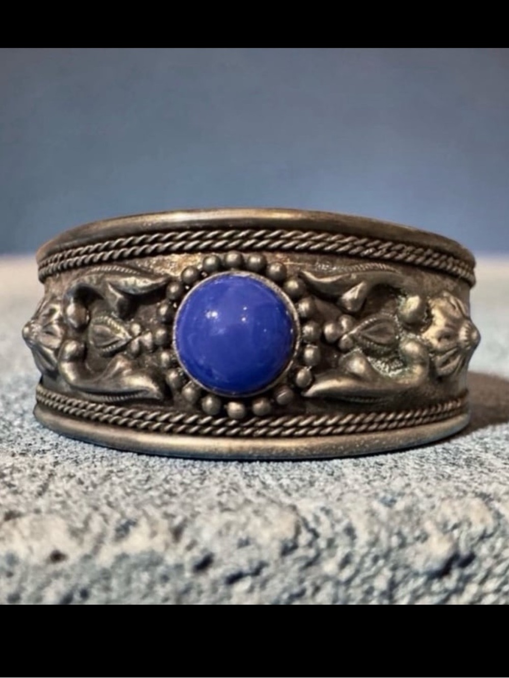 Vintage Handmade Silver Bracelet with Blue Stone Embossed floral cuff bracelet